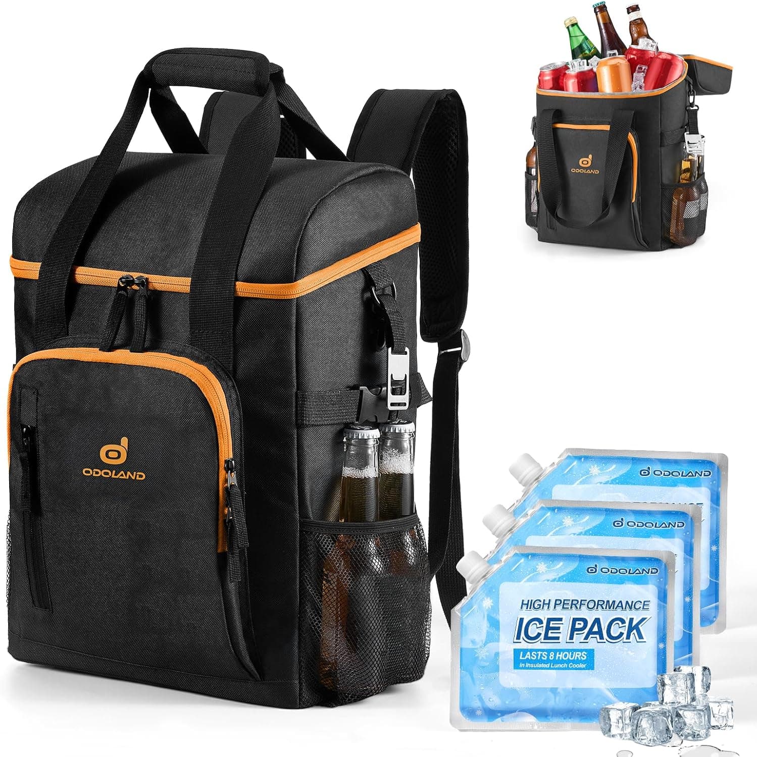 Odoland Saco térmico 22 l com 3 pacotes de gelo - mochila de refrigeração isolada para 30 latas, impermeável, com abre-garrafas, para campismo, viagens, piquenique e pesca