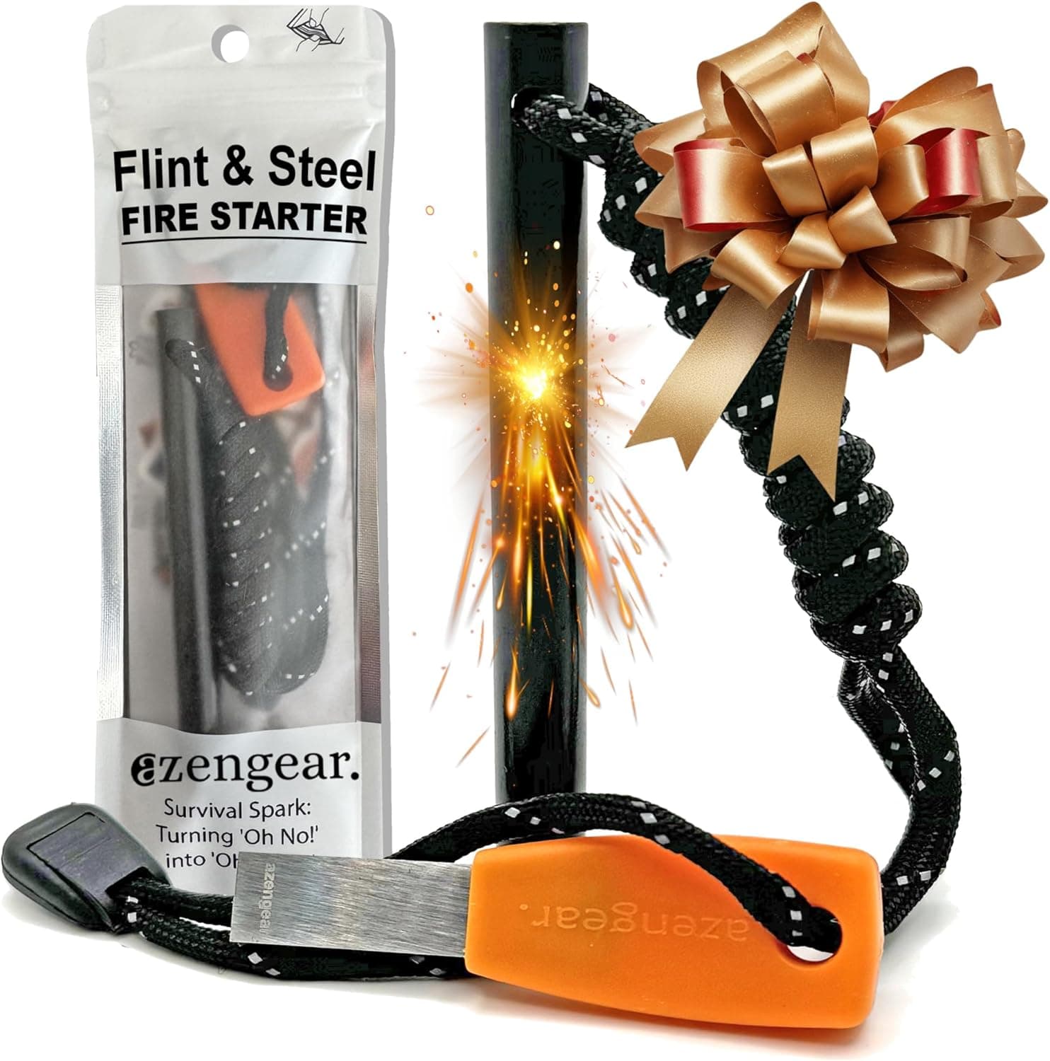 aZengear Pederneira de sobrevivência, iniciador de fogo de aço e pederneira de campismo, 10 mm XL Ferro Rod, Paracord, kit de sobrevivência ao ar livre para acampar e caminhadas