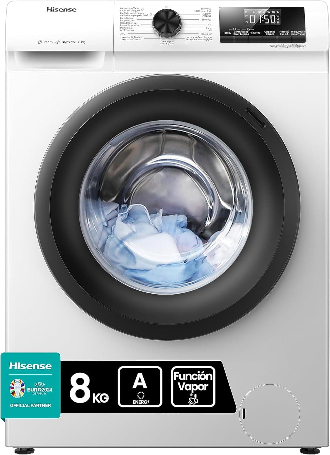 Hisense WFQP8014EVM Máquina de lavar a vapor, classe A, carregamento frontal de 8 kg, 1400 rpm, 16 programas, controlo inteligente de oscilação de bateria, Display LED, programa rápido, bloqueio