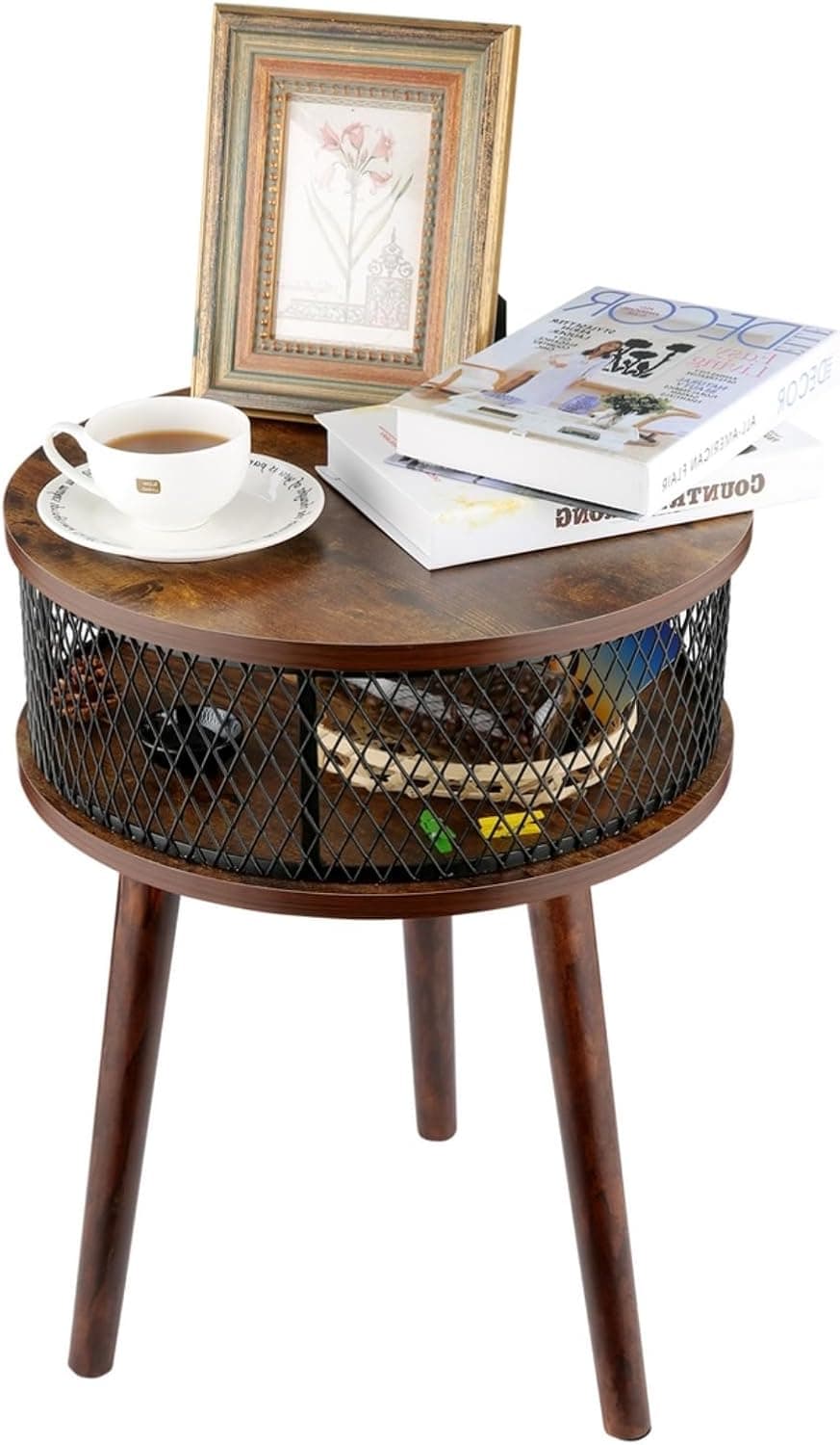 Himimi Mesa de centro redonda, mesa de sala de estar com prateleira, mesa de café moderna de madeira com moldura de metal e placa de madeira, fácil montagem, cor castanha rústica