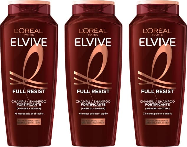 L'Oreal Paris Elvive Full Resist champô fortificante para cabelo frágil com tendência a cairse, Aloe vera, preto, 400 ml x 3