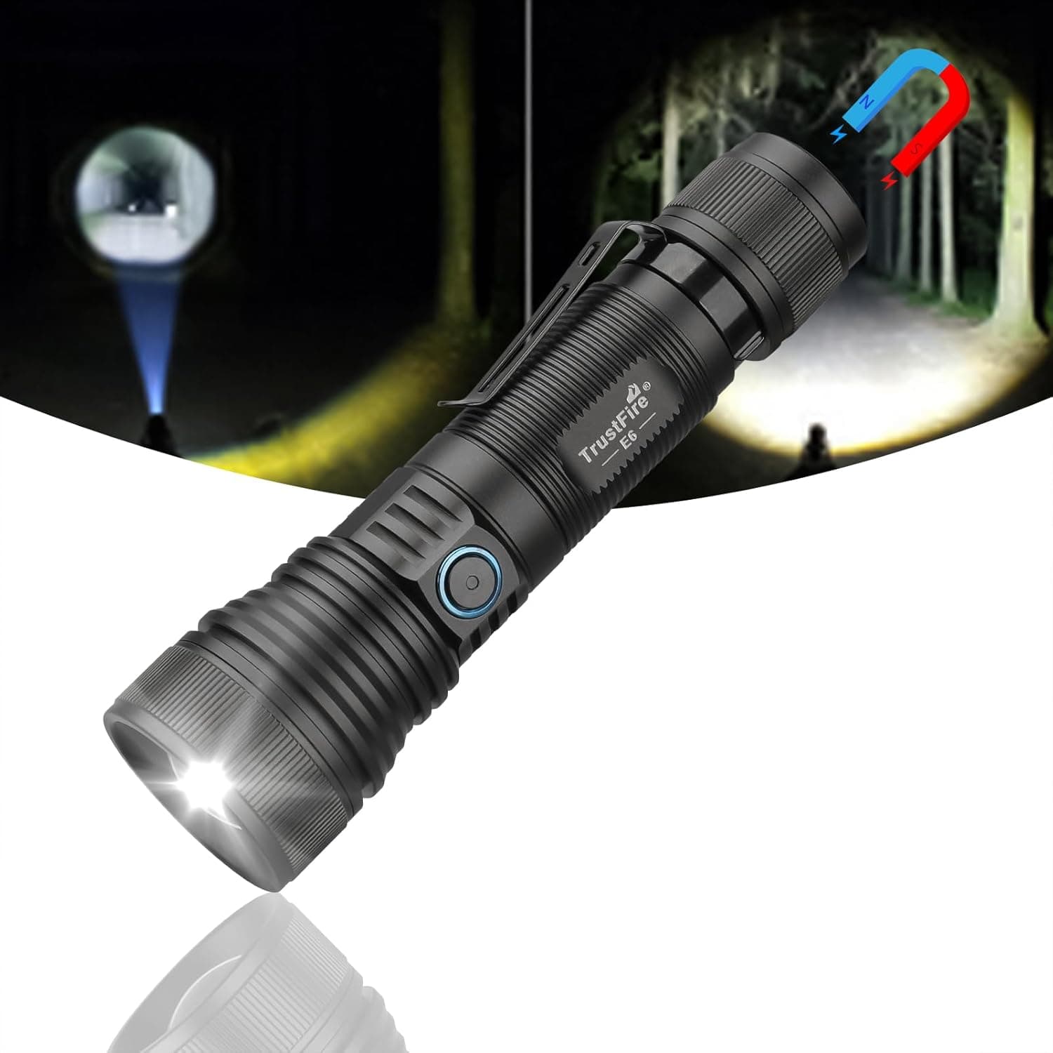 TrustFire E6 | Lanterna LED recarregável com zoom 1500 lúmenes e base magnética para campismo e emergência