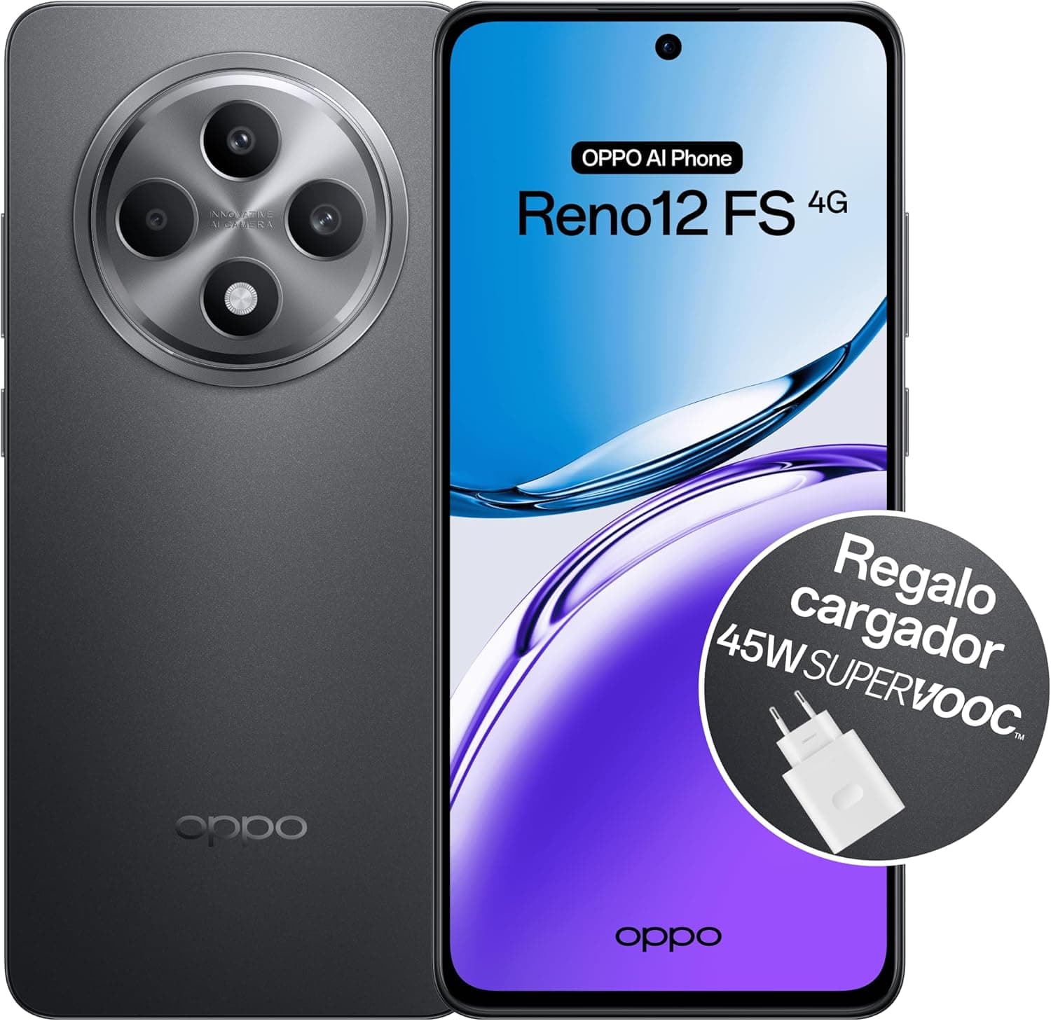 OPPO Reno12FS 4G Smartphone livre com IA, 16 GB (8 GB + 8 GB) 512 GB, ecrã 2,5D AMOLED 6,7", câmara 50 8 + 32 MP, Android, IP64, bateria 5000 mAh, carregamento rápido 45 W, carregador Incluído -