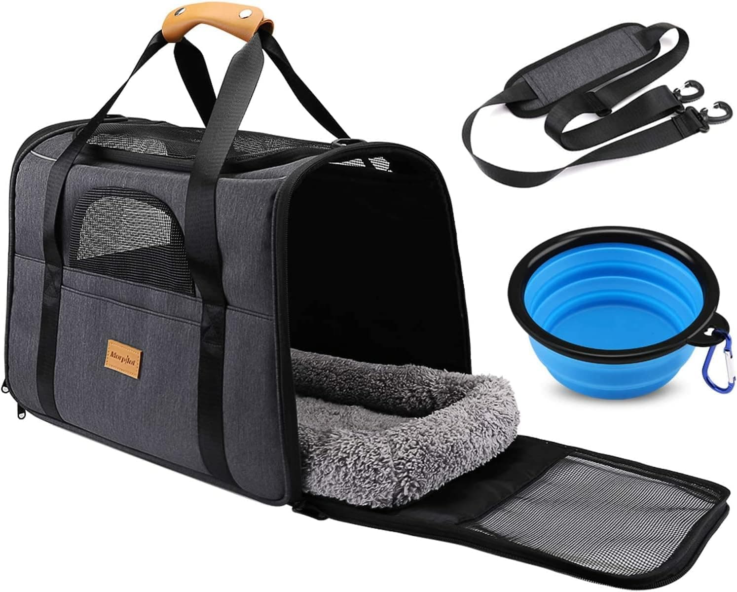 morpilot | Mala de transporte respirável para animais de estimação com colchão suave e taça, 44 x 31 x 34 cm