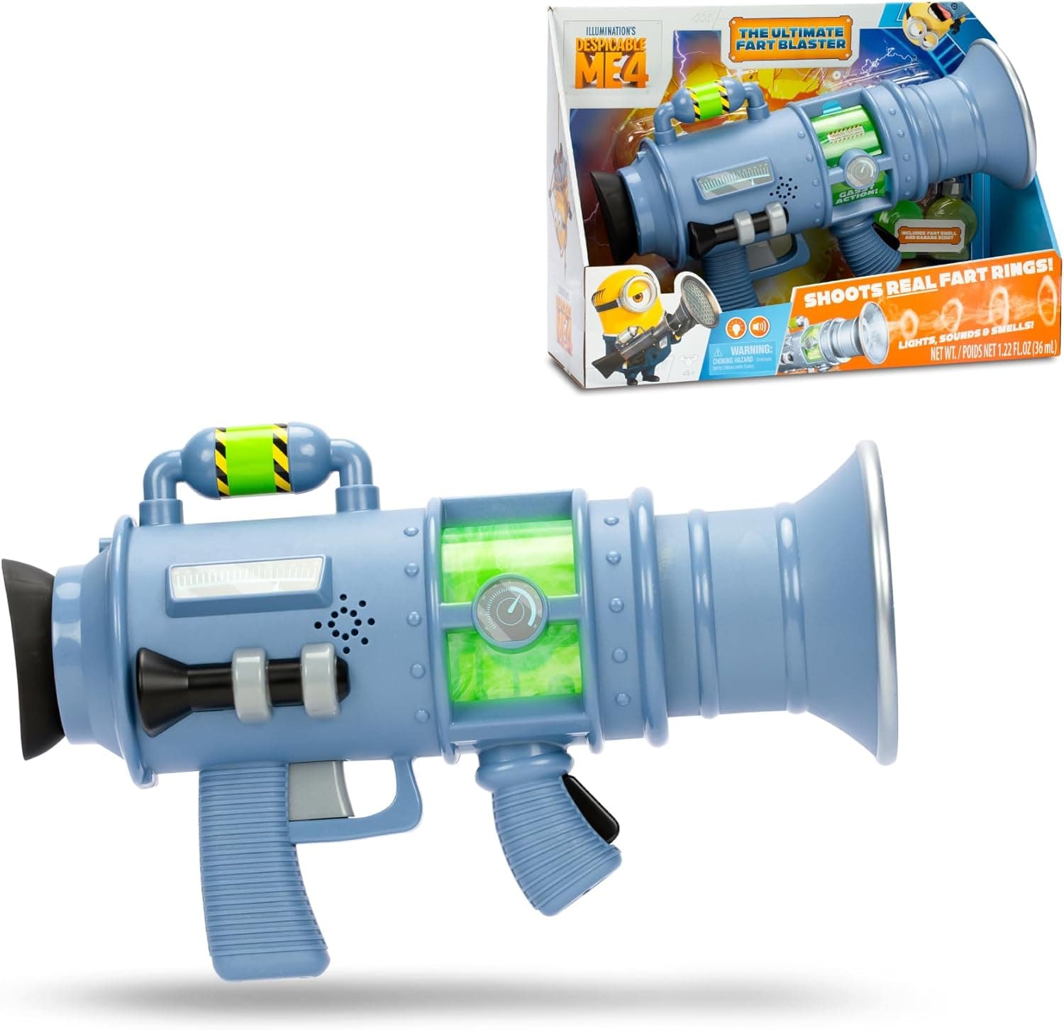 DesPICABLE ME 4 - Minion Ultimate Fart Blaster, pistola de filme meu vilão favorito, 12 efeitos de luz e sons de pedos, efeito de fumo, funciona com 4 pilhas AAA, famosa (MN406000)