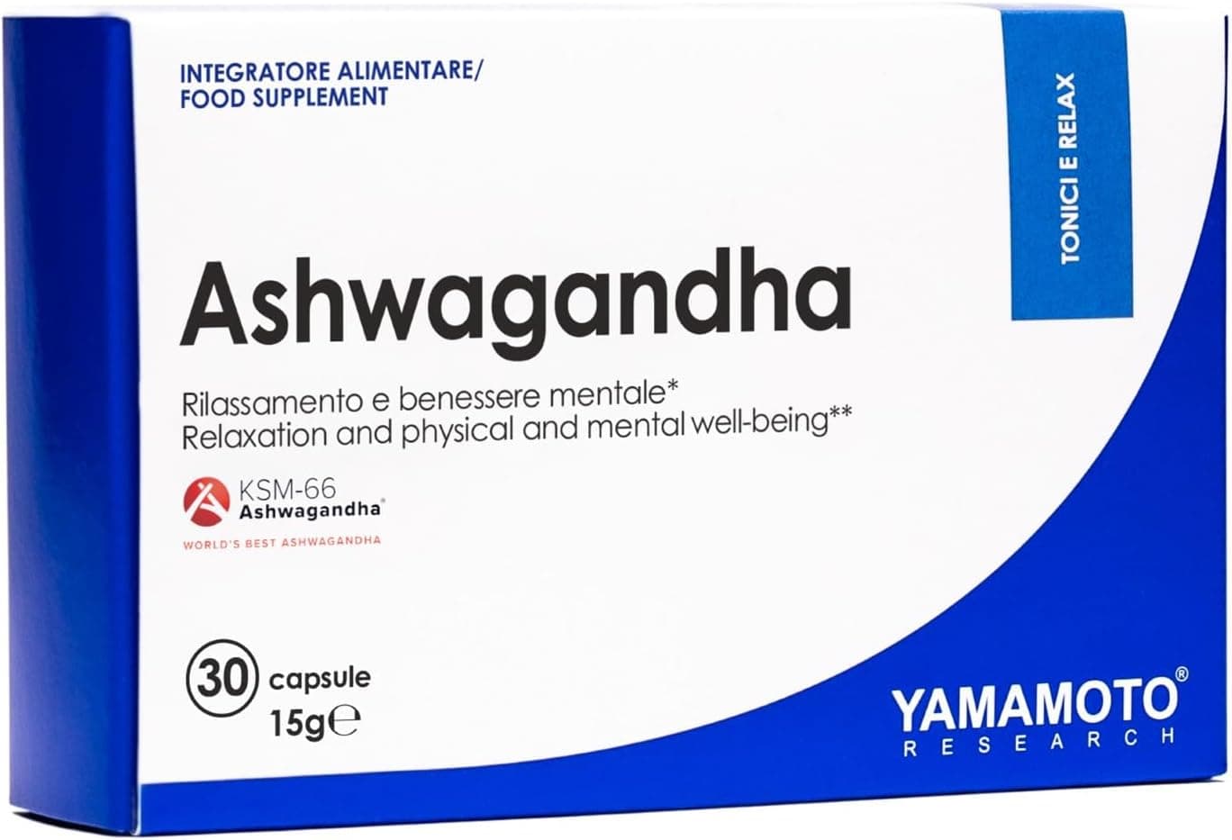 YAMAMOTO RESEARCH, Ashwagandha KSM-66 30 cápsulas, complemento alimentar com 600 mg de Ashwaganda, ideal para o bem-estar mental e físico, alta concentração