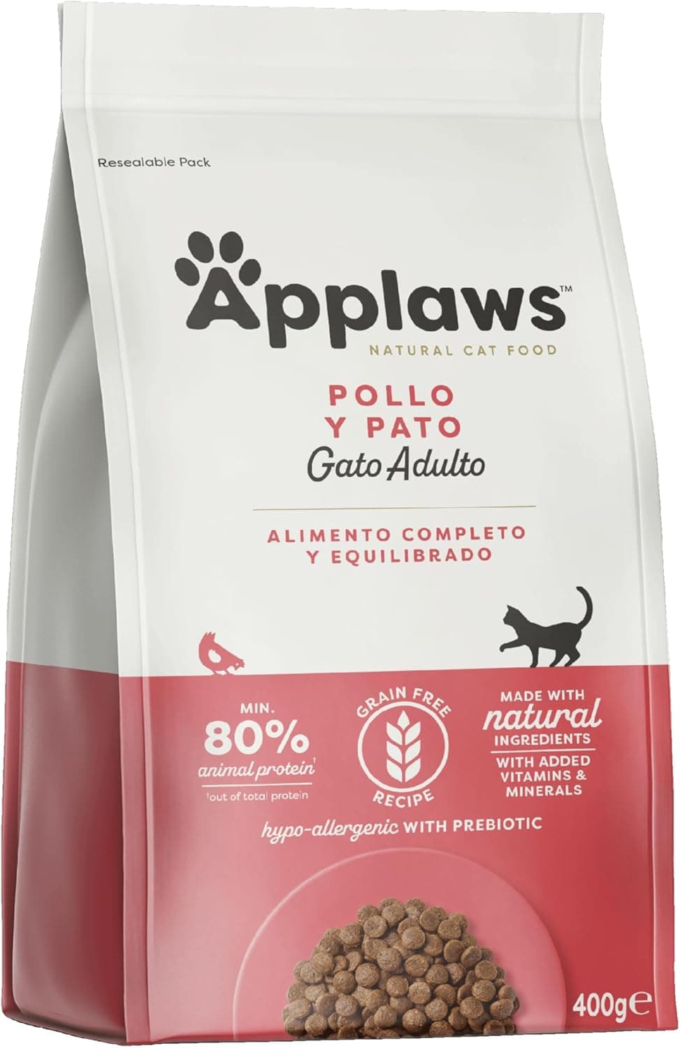 Applaws Alimento seco completo para gatos adultos, sem cereais de frango com pato adicional - saco 400 g reutilizável