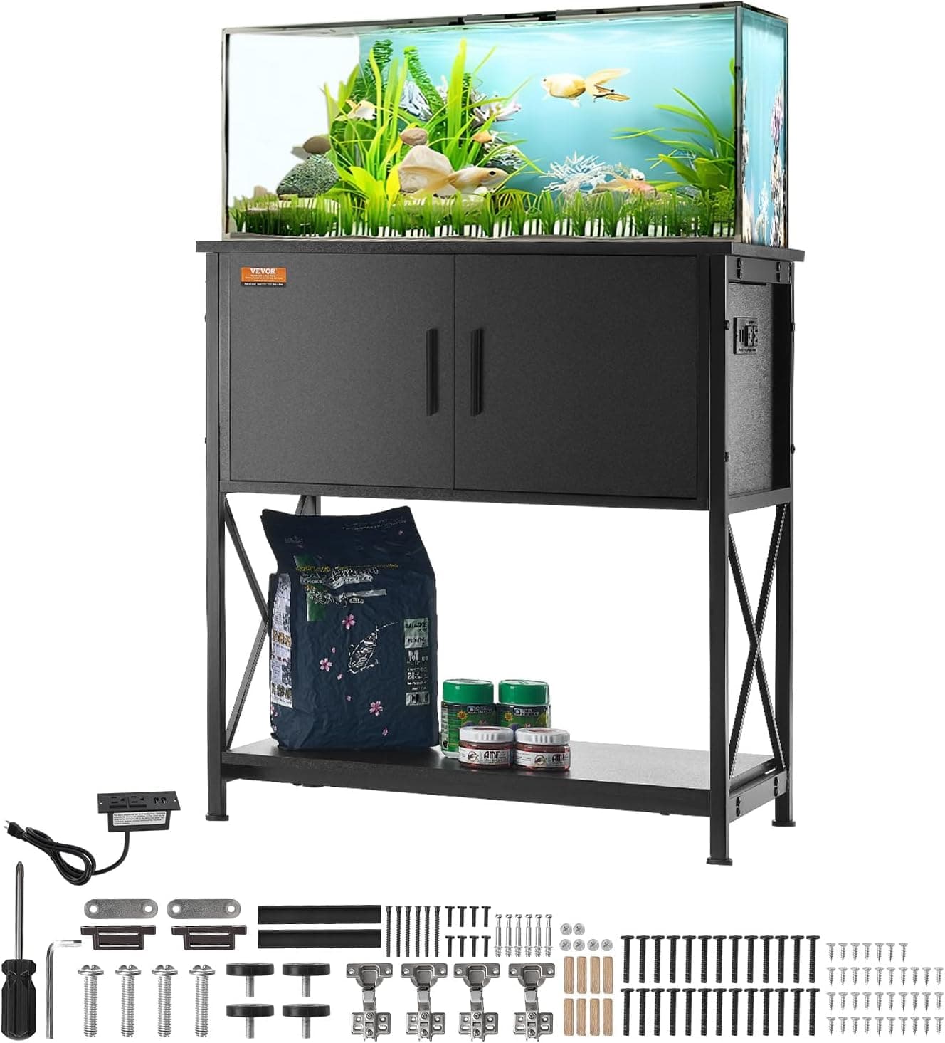 VEVOR Suporte para aquário carga 110 kg armário de aquário 73 x 42 x 76,2 cm de aço e MDF suporte para tanque de répteis com armário de armazenamento e tomada de energia integrada para sala