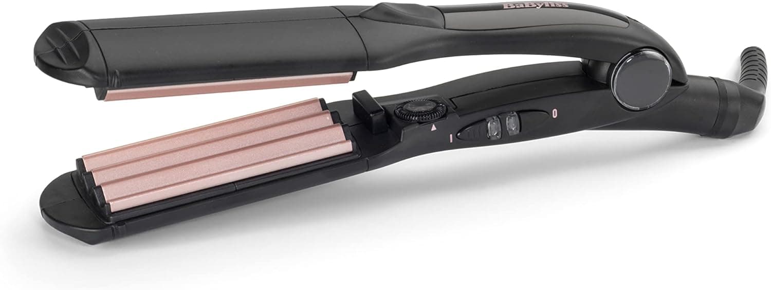 BaByliss 2165CE Ferro de crimpar para criar volume e textura, placas de cerâmica com turmalina de 35 mm, 10 temperaturas de 120° a 210°, aquecimento instantâneo, ponta de aderência fria, preto