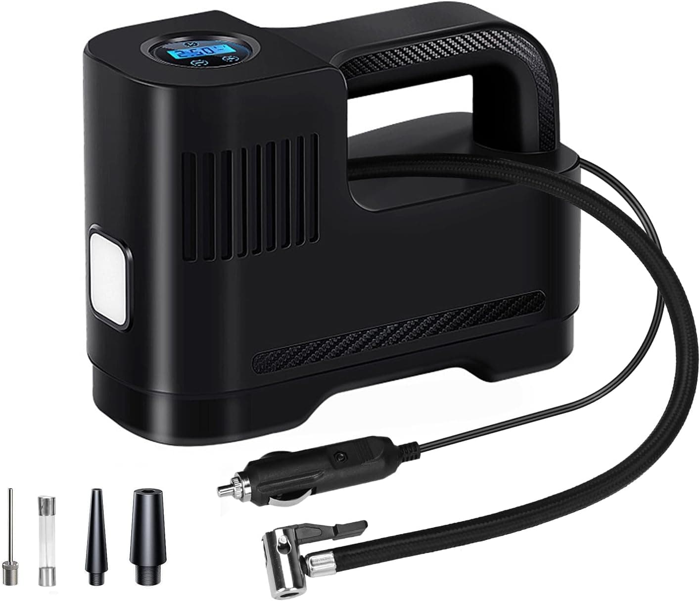 Podazz Inflador de pneus digital bomba de pneus de carro compressor de ar elétrico de 12 V com 3 adaptadores de bocal medidor de pressão e luz LED para insuflação rápida adequado para carro