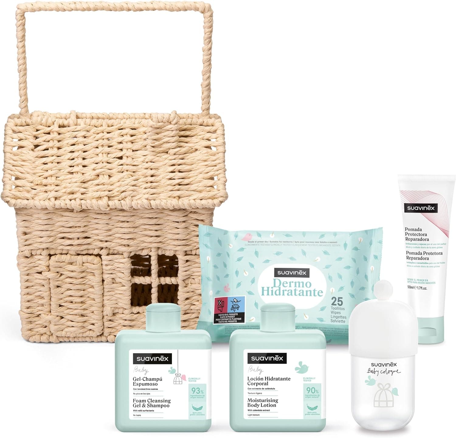 Suavinex, Presente bebé recém-nascido, cesta bebé com mala de vime em forma de casa. Inclui: Baby Cologne 100 ml gel - champô espumoso loção corporal pomada de fralda toalhas