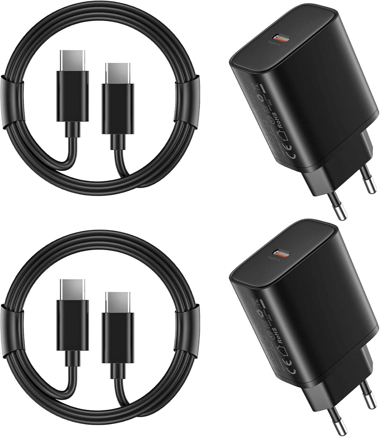 BHHB S-TR-154C | Pack de 2 carregadores USB-C de 45 W com cabos de 2 m para carregamento rápido de smartphone, tablet e portátil