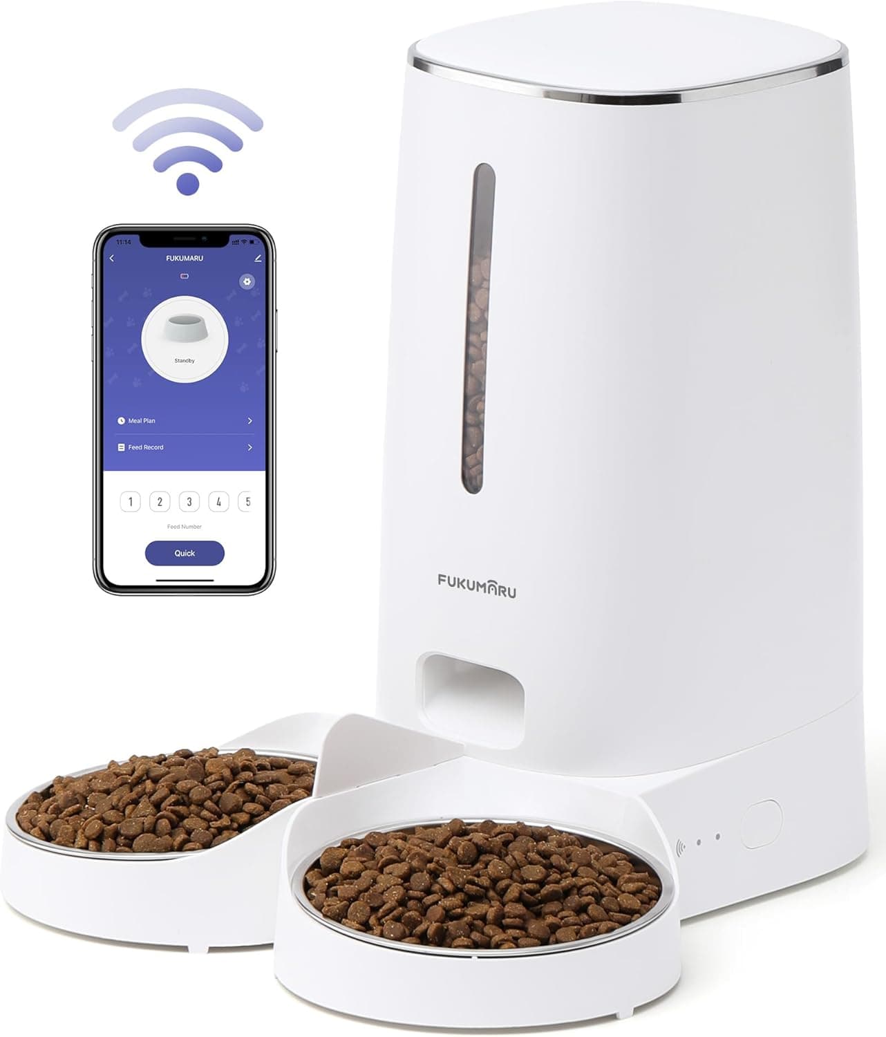 FUKUMARU Dispensador de comida de cão e gato automático WiFi, com duas tigelas, programa personalizado de alimentação automática, funcionamento por pilhas e cablagem elétrica