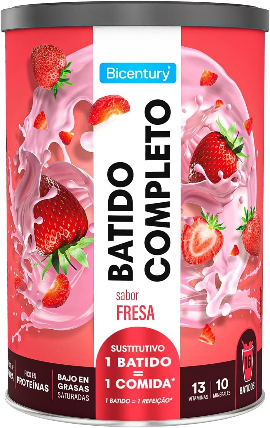 Bicentury Batido completo substitutivo de comida sabor morango, rico em proteínas, baixo em gordura, um batido é igual a uma refeição completa, 436 g, 16 porções