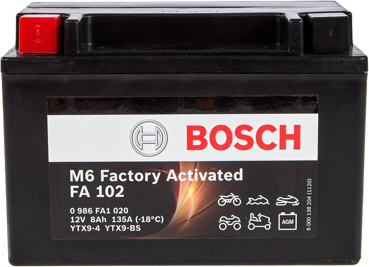 Bosch FA102 - Bateria para motocicletas AGM - 12V 120A 8Ah - adequada para motocicletas, motas de enduro, scooters, quadros, motas de água - compatível M6010, BTX9-BS, BTX9