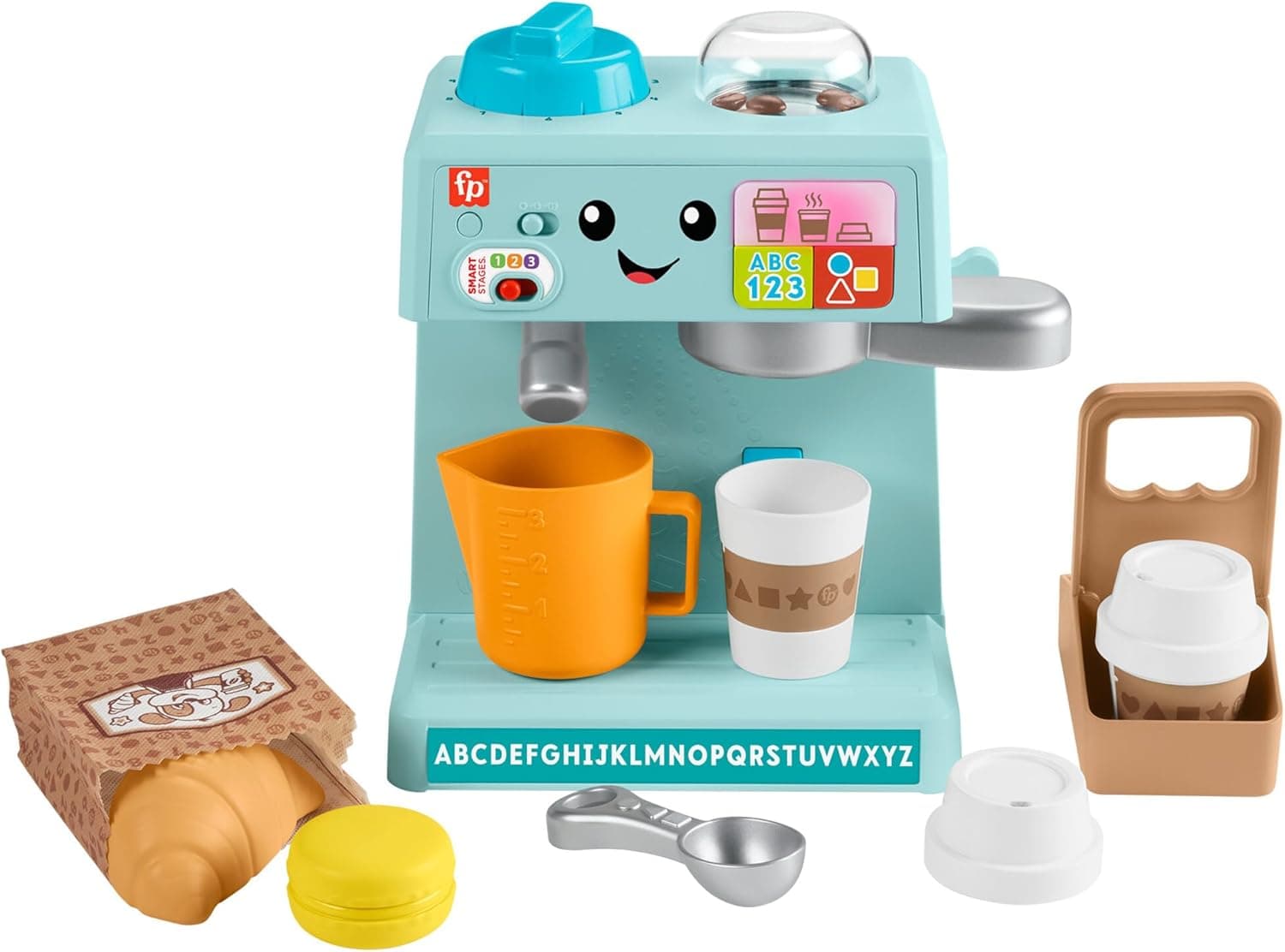 Fisher-Price Ria e aprenda Máquina de café com acessórios de café, brinquedo educativo com sons, para bebés + 1 ano, versão em espanhol português português italiano e inglês (HYT02)