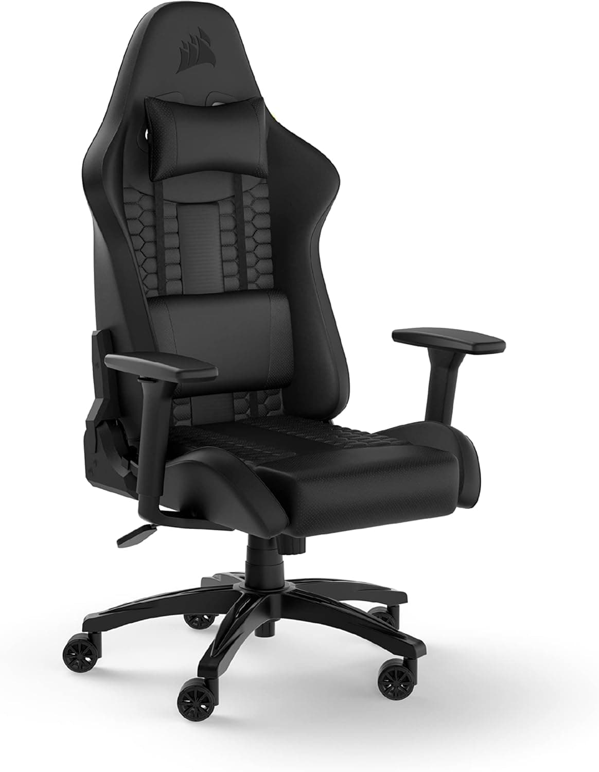 Corsair TC100 Cadeira relaxada para jogos - Leatherette - design inspirado em corridas - almofada lombar - almofada cervical removível de espuma viscoelástico - apoios de braços ajustáveis - preto