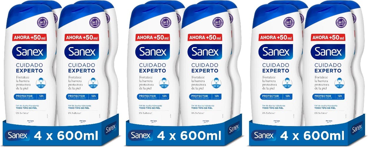 Sanex Cuidado Protetor – Gel de duche com prebiótico natural, 12h de hidratação, 0% sulfatos, para todos os tipos de pele, conjunto de 4 x 600 ml x3