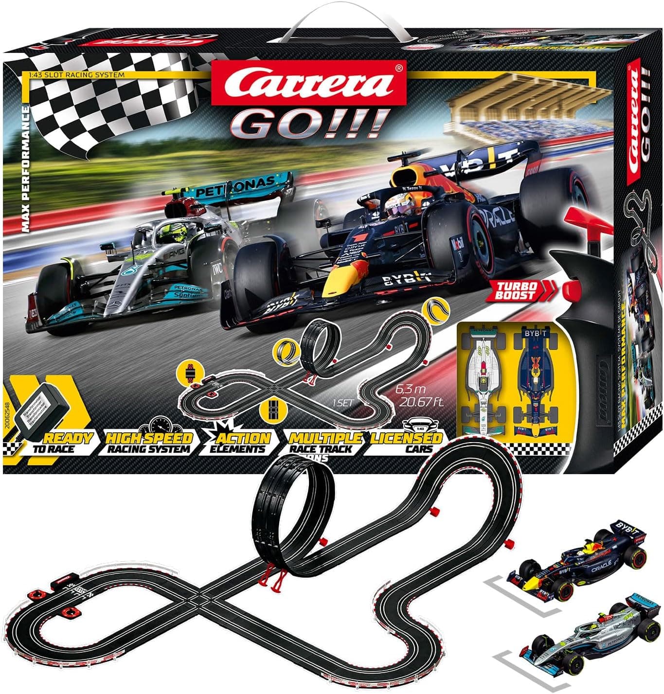 Carrera Go!!! Max Performance | Pista de corridas Fórmula 1 com 2 carros, 6,3 m de circuito, looping, cruzamento e comando turbo, para crianças a partir dos 6 anos