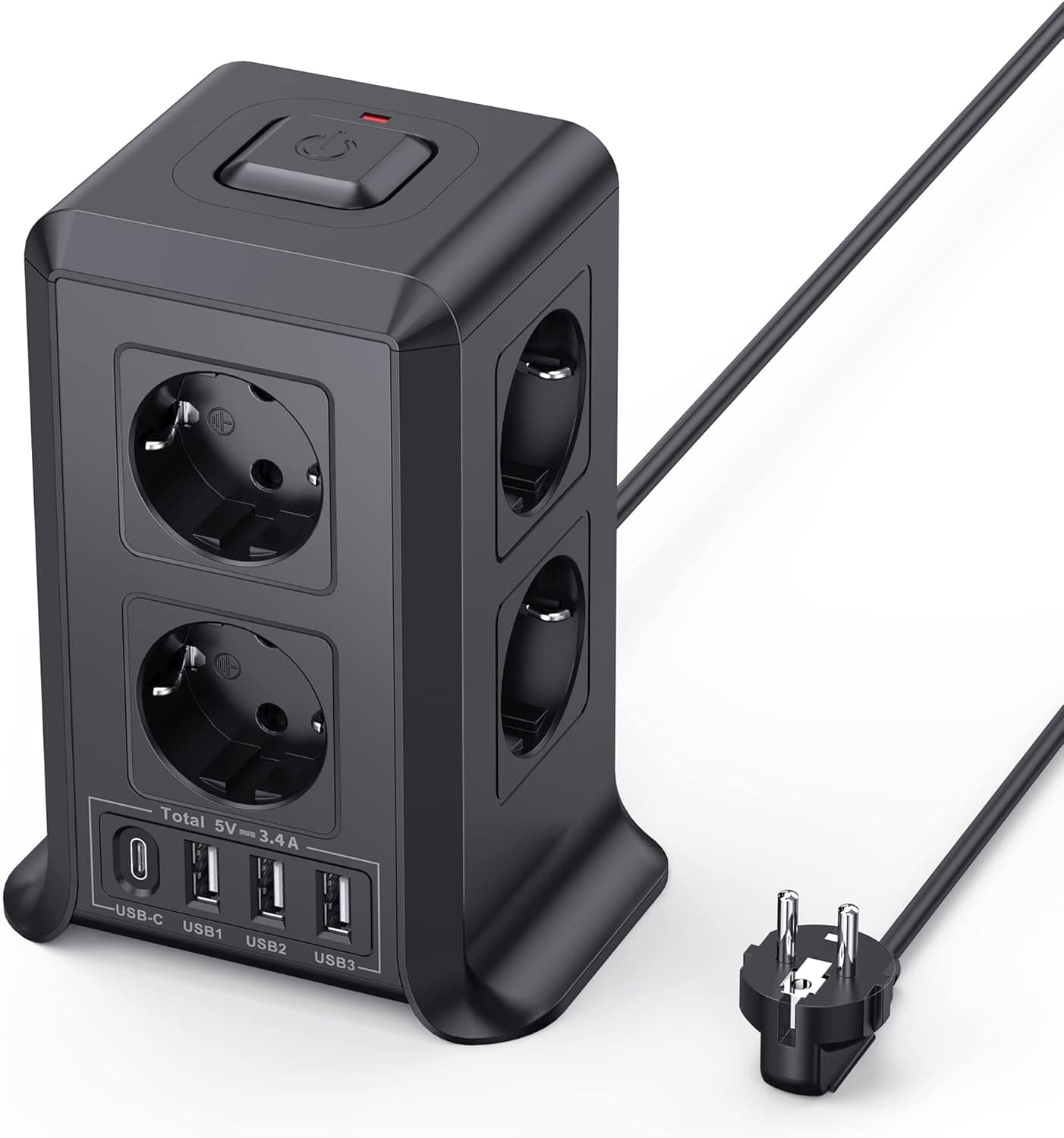 Sameriver Tower Power Strips | Tomada vertical com 8 tomadas AC e 4 USB 2500W 10A com proteção contra picos de tensão e cabo de 2 m
