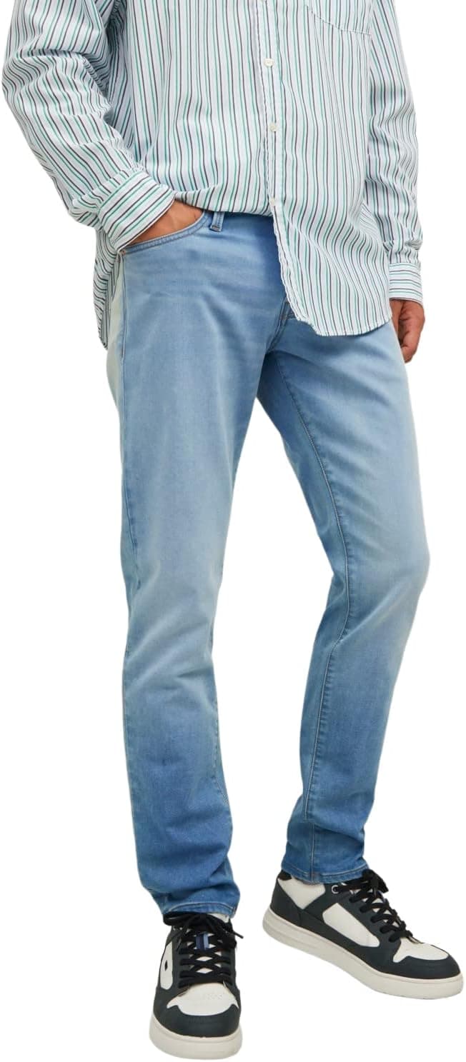Jack & Jones Slim Fit | Calças de ganga azul em algodão com cintura baixa e fecho de zíper.