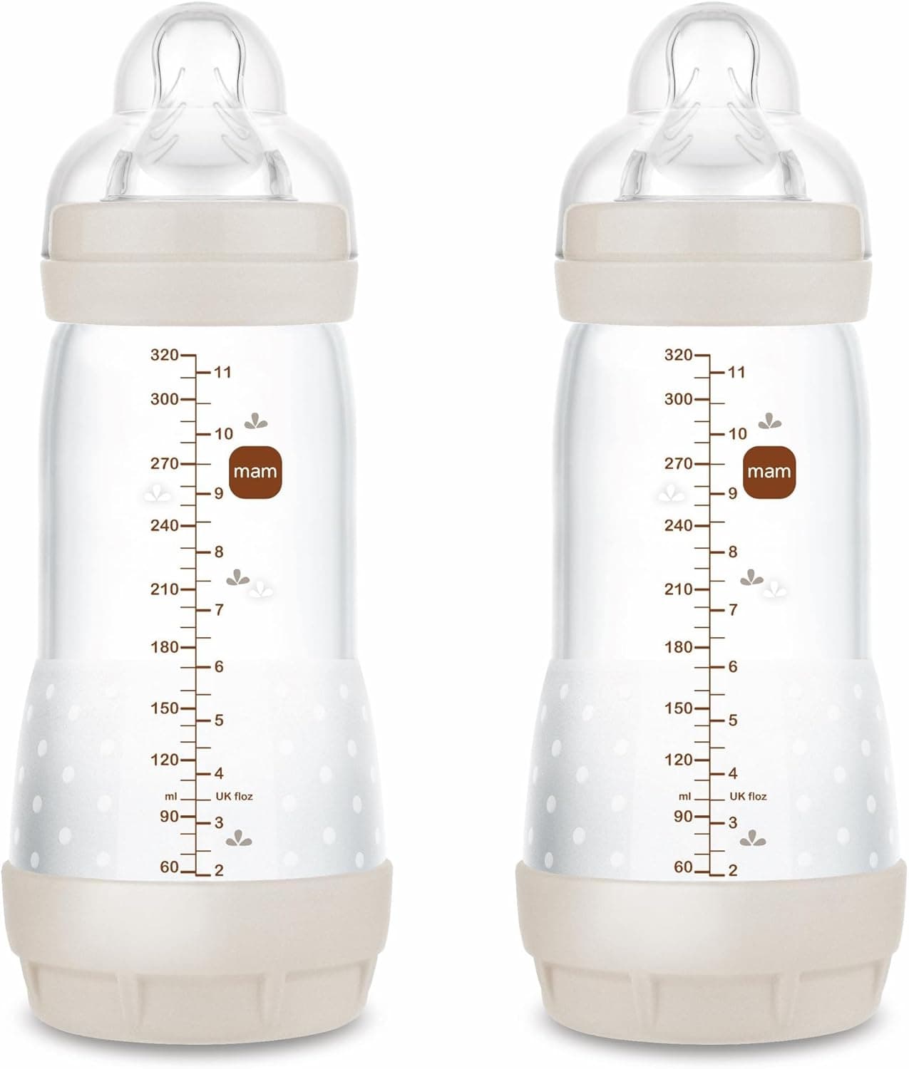 MAM Embalagem de 2 biberões anticólicos, a partir de 4 meses, 320 ml, com Tetina 3 fluxo rápido de fácil aceitação, auto-esterilizável e fácil de limpar, MAM Easy Start Anti-Colic, neutro mate