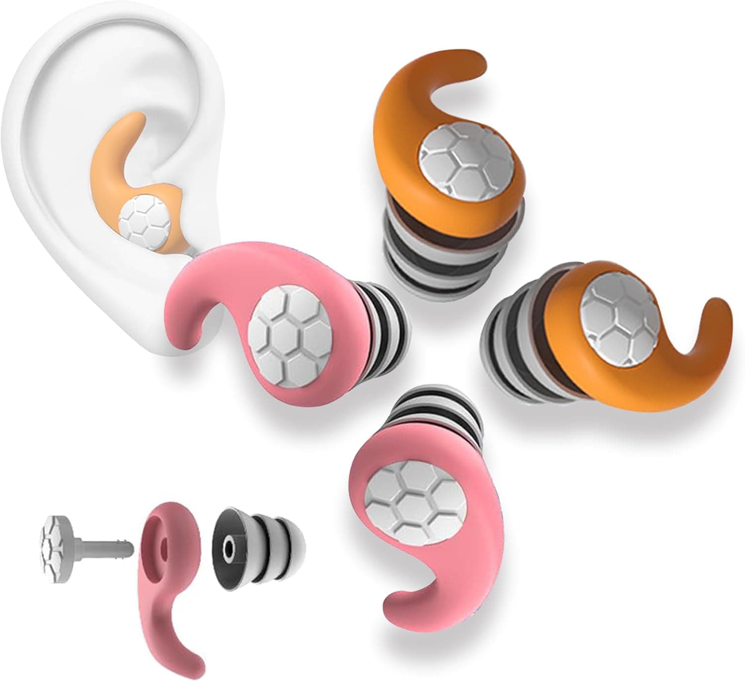 KKNE Tampões para dormir, 2 pares, laranja e rosa, tampões de ouvido de silicone reutilizáveis, anti-enrolados, ideais para aprendizagem, motociclo, trabalho e natação