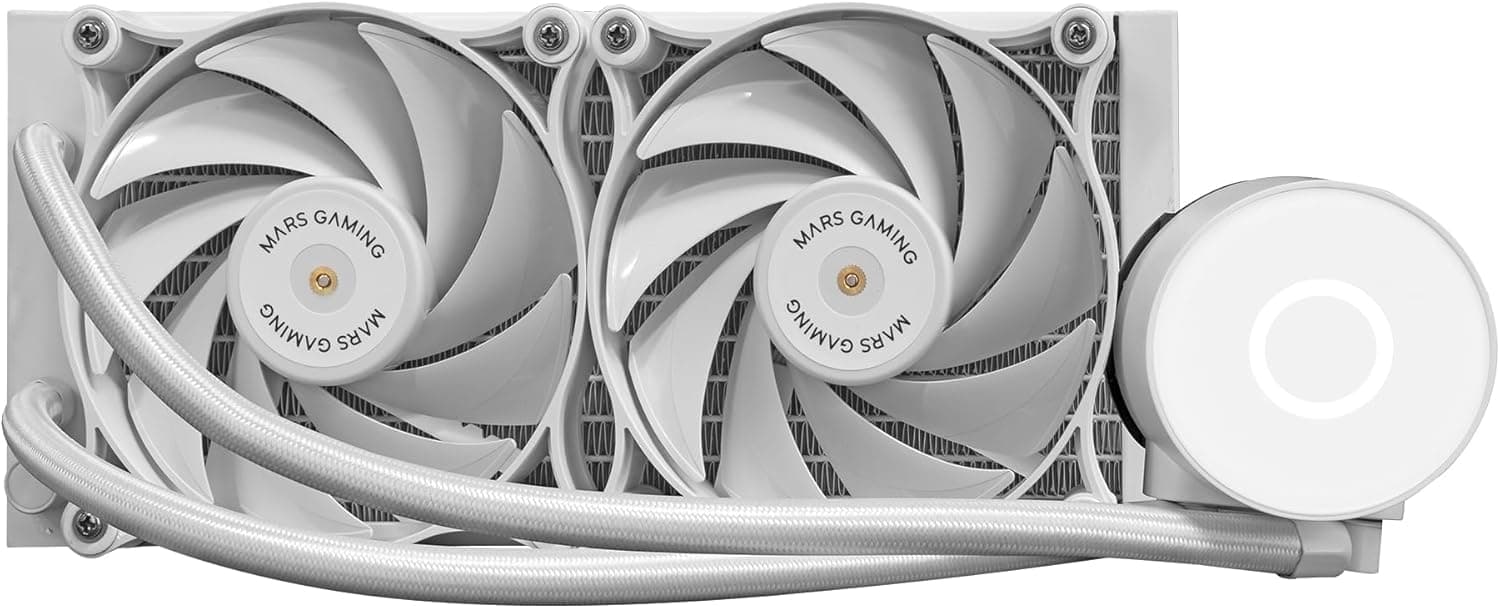 Mars Gaming ML-PRO240, refrigeração líquida profissional da CPU, TDP 450W, 2 ventoinhas FDB ultra-silenciosas, bomba Opti-Chamber com anel de iluminação branco, multisocket universal, branco
