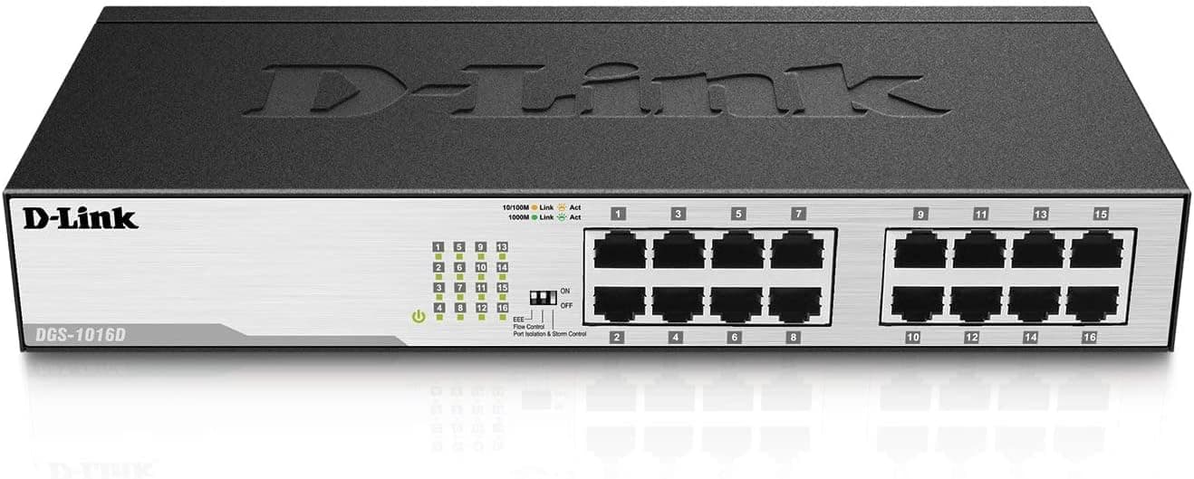 D-Link DGS-1016D/E Switch 16 portas Gigabit 1000 Mbps, LAN RJ-45, sem gestão, 1000 Mbps por porta, caixa metálica, montagem em rack para PME, preto e prateado