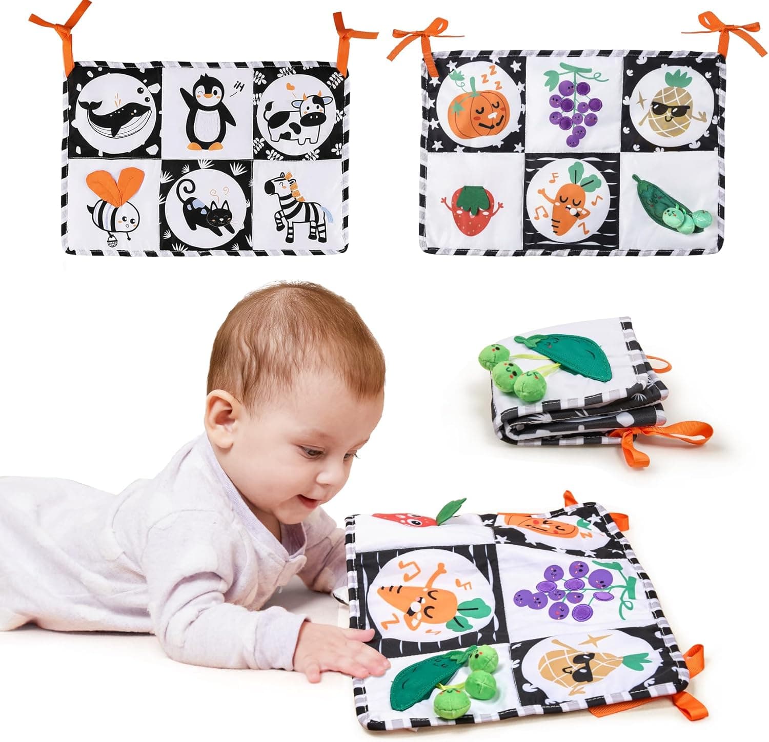 TUMAMA KIDS Livro de tecido preto e branco, livros suaves de alto contraste, livro de tecido amassado, brinquedos sensoriais para bebés de 0 a 6 meses, livro de bebé de dupla face 0,3, 6, 12 meses