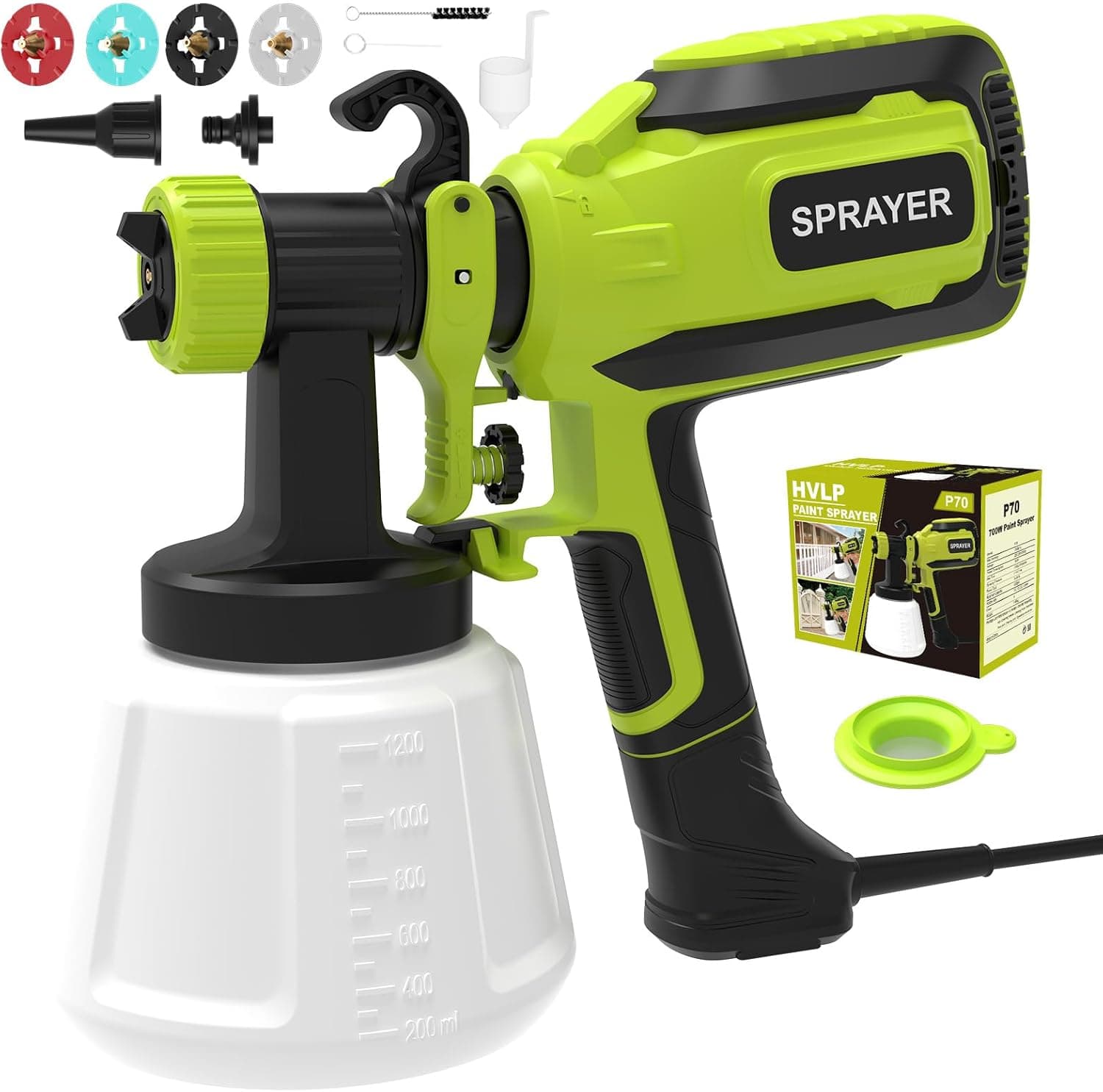 Pistola de pintura, pistola de pintura elétrica HVLP de 700 W com conexões para limpeza e sopro, 4 bicos e 3 padrões, para coberturas para móveis, armários, cercas, paredes, portas, etc