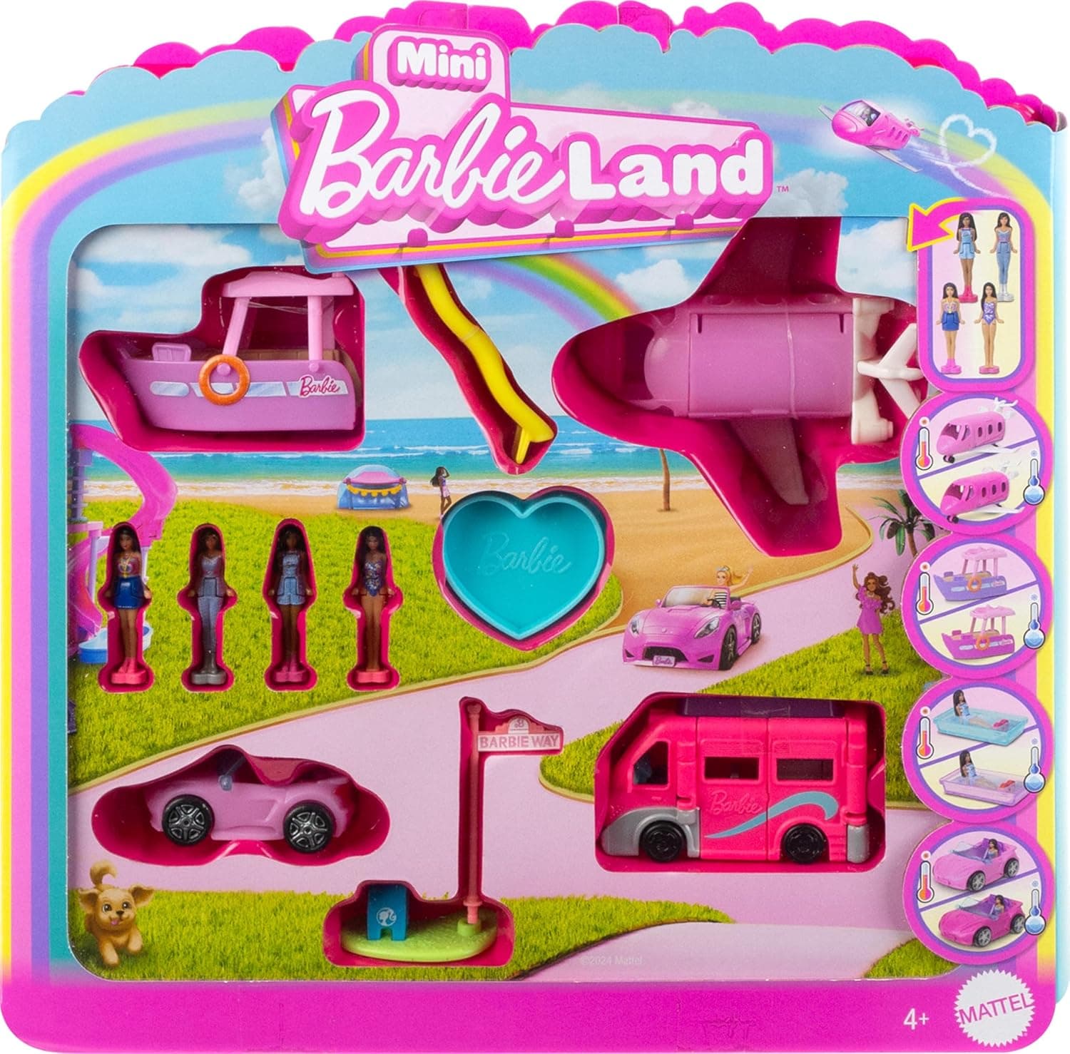 Barbie JDB85 | Conjunto Mini Barbieland com 4 bonecas, 4 veículos e acessórios para crianças a partir dos 4 anos