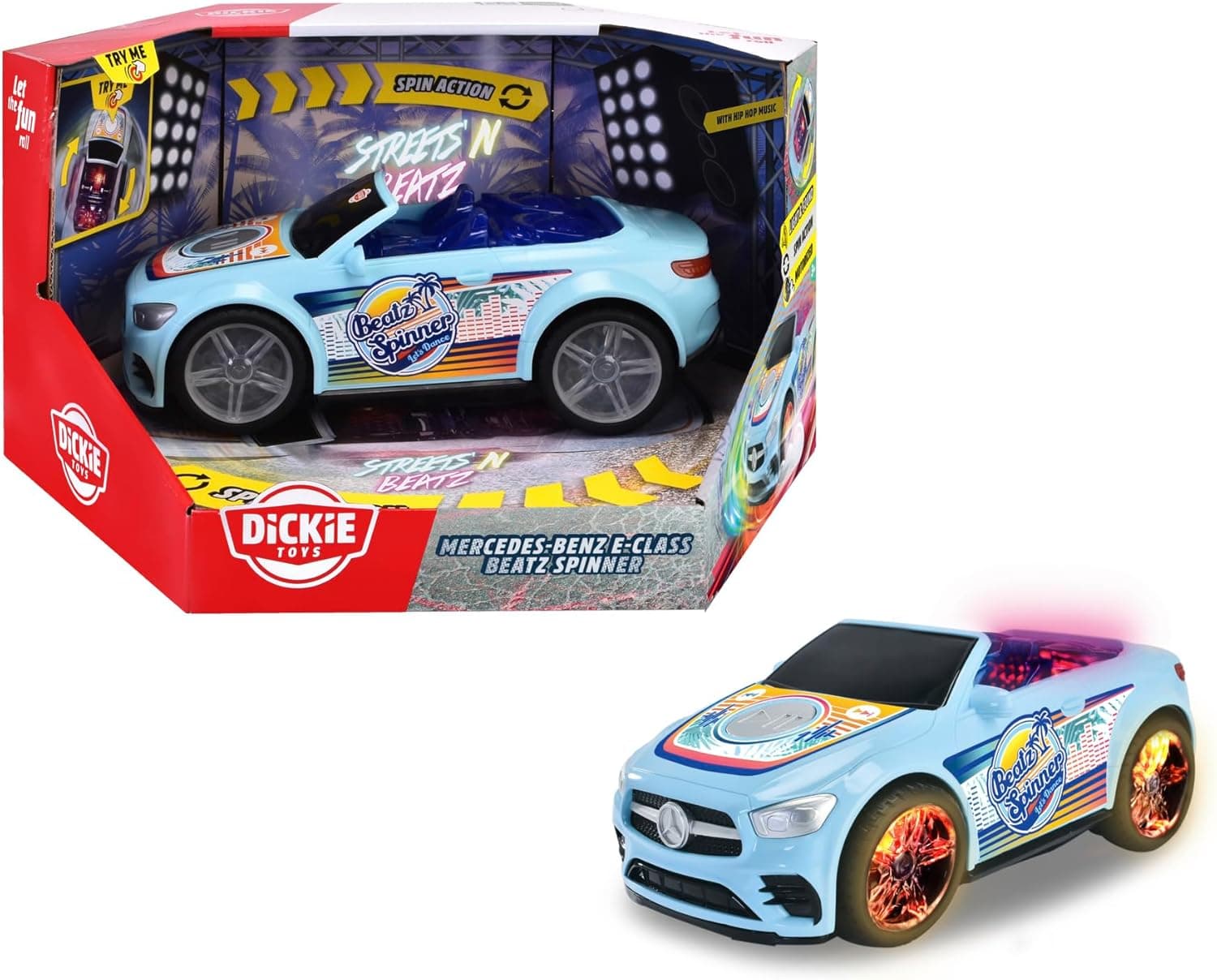Dickie Toys - Carro de brinquedo Mercedes Spinner classe E Streets N BEATZ, luzes intermitentes, música, rotações, 23 cm, inclui pilhas, brinquedo para meninos e meninas a partir de 3 anos (203765008)