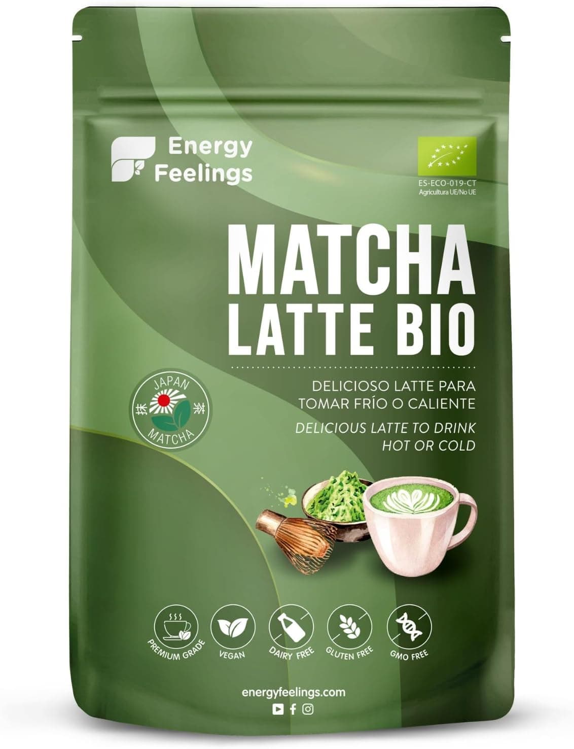 Energy Feelings Matcha Latte ecológico 200 g, mistura chá japonês premium instantâneo em pó, sem glúten, sem adição de açúcares, vegano. Fortalece o sistema imunitário