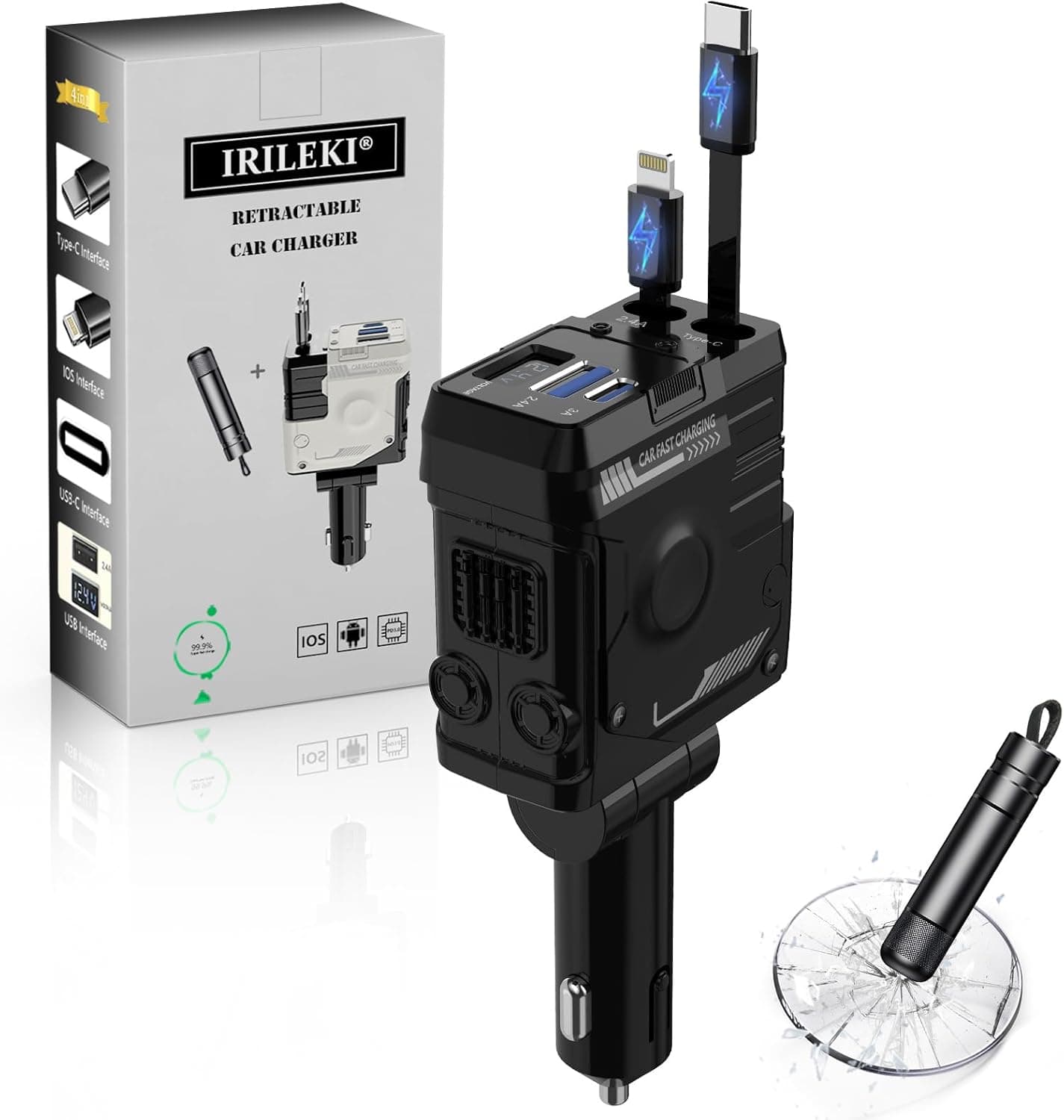 Carregador de carro retrátil, 4 em 1 USB Carge Rapida carregador automóveis adaptador isqueiro carro compatível com iPhone/Galaxy/Google, com 2 em 1 martelo emergência carro (preto)