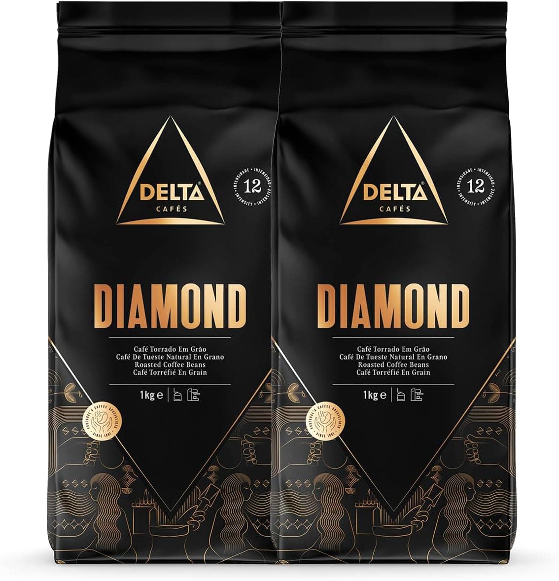Delta Cafés - Café em grão diamond - 2 pacotes de 1 kg - Intensidade 12 - mistura de grãos de café torrados árabe e robusto - muito monocromático com notas de nozes torradas