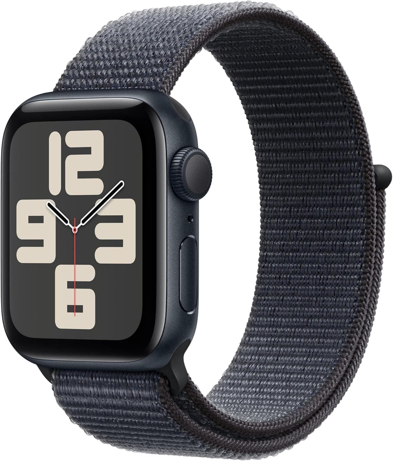 Apple Watch SE de 2.ª geração GPS Smartwatch com caixa de alumínio meia-noite de 40 mm e correia desportiva Loop tinta. Monitores de treino e sono e neutro em carbono
