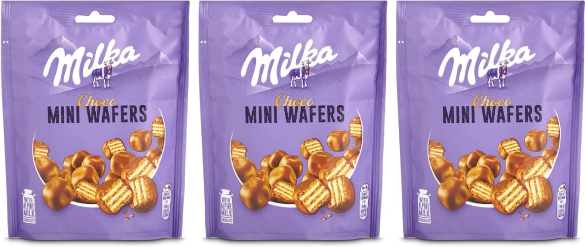 Milka Mini Wafers bolachas casquilho com enchimento cremoso e cobertura de chocolate com leite dos Alpes 110 g x 3