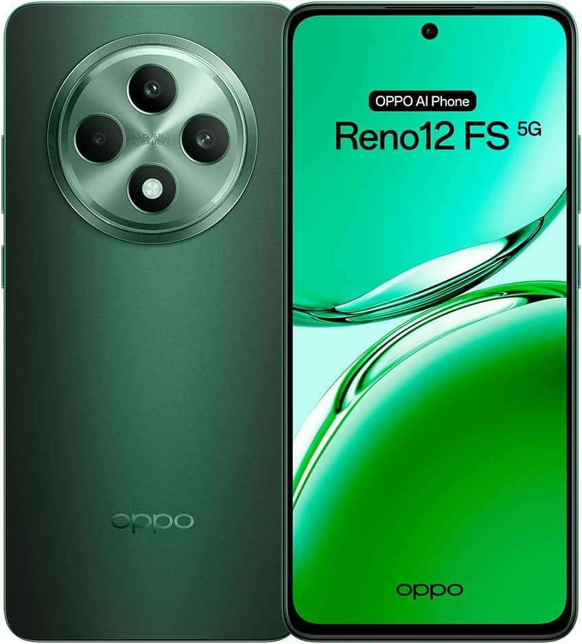 OPPO Reno12FS 5G Smartphone livre com IA, 24 GB (12 GB + 12 GB) 512 GB, ecrã 2,5D AMOLED 6,7", câmara 50 8 + 32 MP, Android, IP64, bateria 5000 mAh, carregamento rápido 45 W - bateria Verde preto