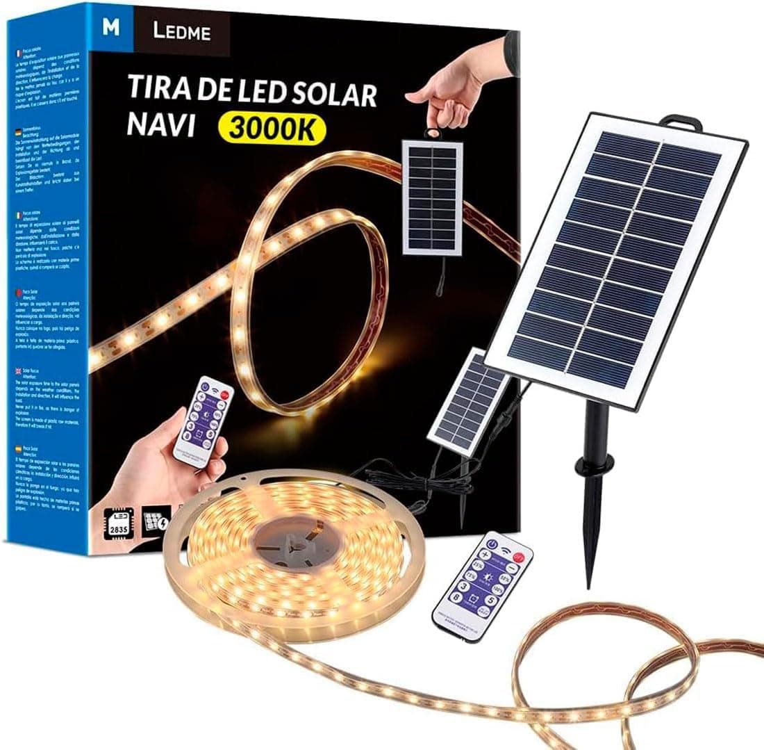 M Ledme - Tira LED solar exterior jardim 5 metros com controlo remoto, IP68 submersível, 300 LED, luz LED branca quente, com kit de instalação para placa solar, para jardim, casa, decorativa