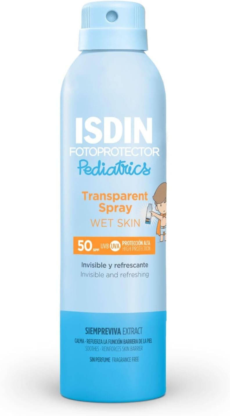 Fotoprotetor ISDIN Pediatrics Transparent spray Wet Skin SPF 50, protetor solar corporal para crianças, invisível, leve, para pele molhada, 250 ml