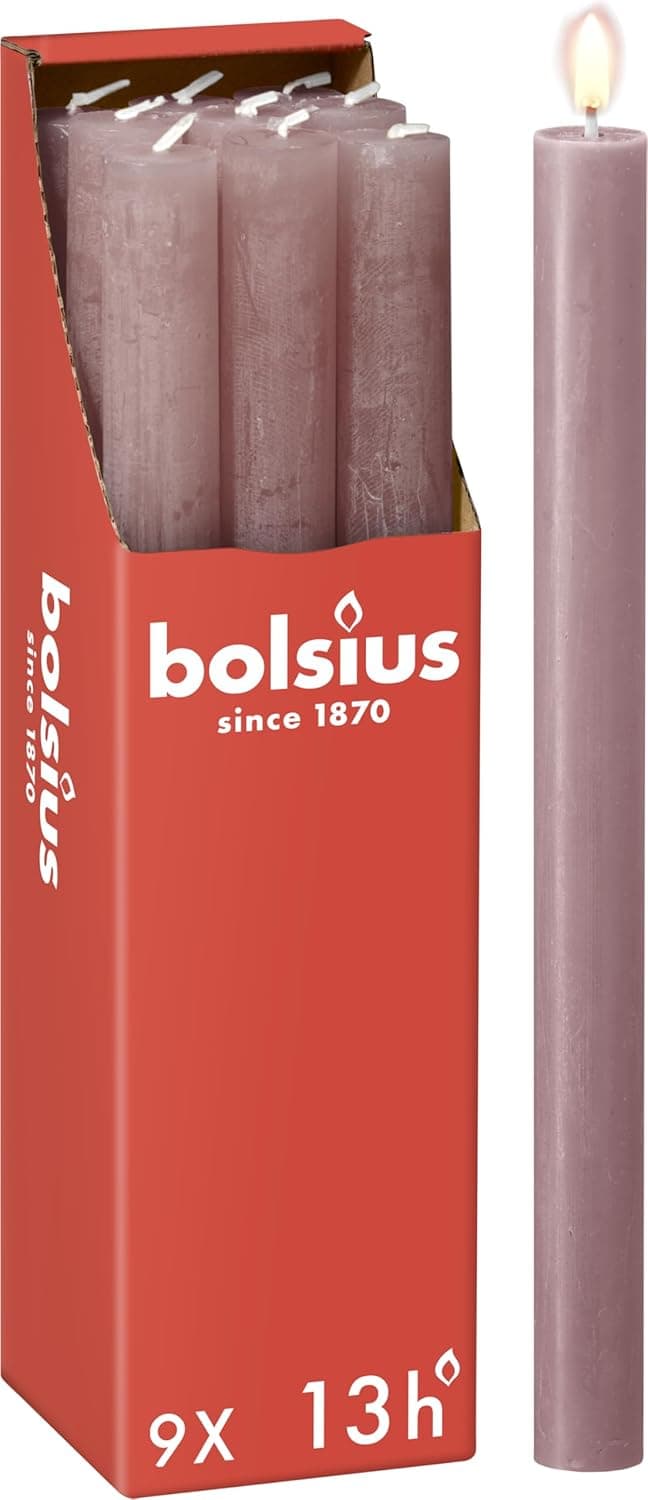Bolsius Velas rústicas, rosa antigo, conjunto de 9 unidades, comprimento de combustão de 13 horas, sem perfume, cera vegetal natural, sem gotejamento, sem óleo de palma - 27 x 2,3 cm