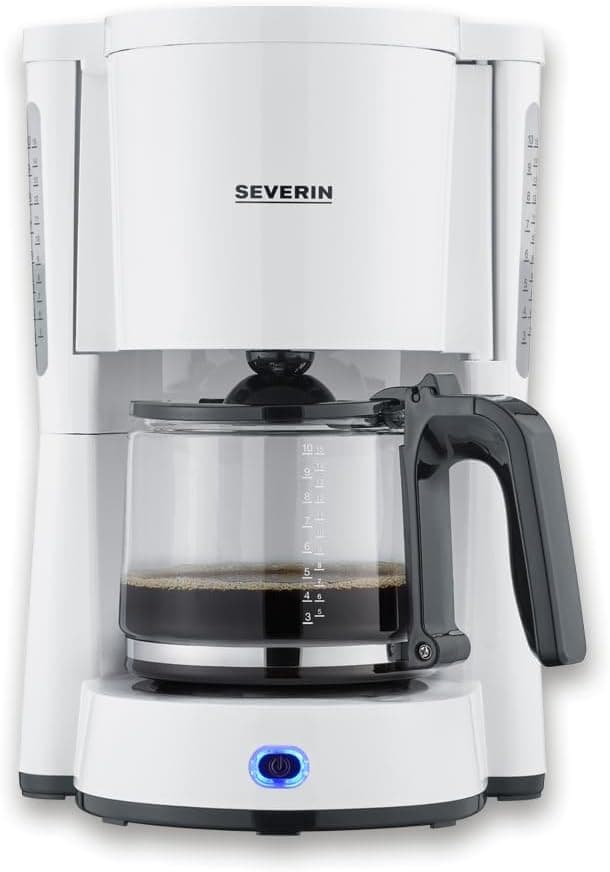 SEVERIN - Cafeteira de gotejamento para 10 chávenas, cafeteira de filtro / cafeteira americana com jarra de vidro, com placa aquecedora e desconexão automática, branco / preto, KA 4816