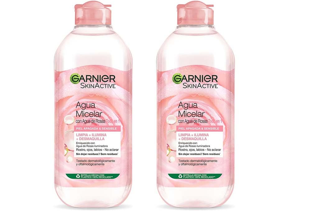 GARNIER Skin Active água micelar com água de rosas para pele fechada e sensível, desmaquilhagem, limpa e ilumina num só gesto, adequado para rosto, lábios e olhos, 400 ml x 2