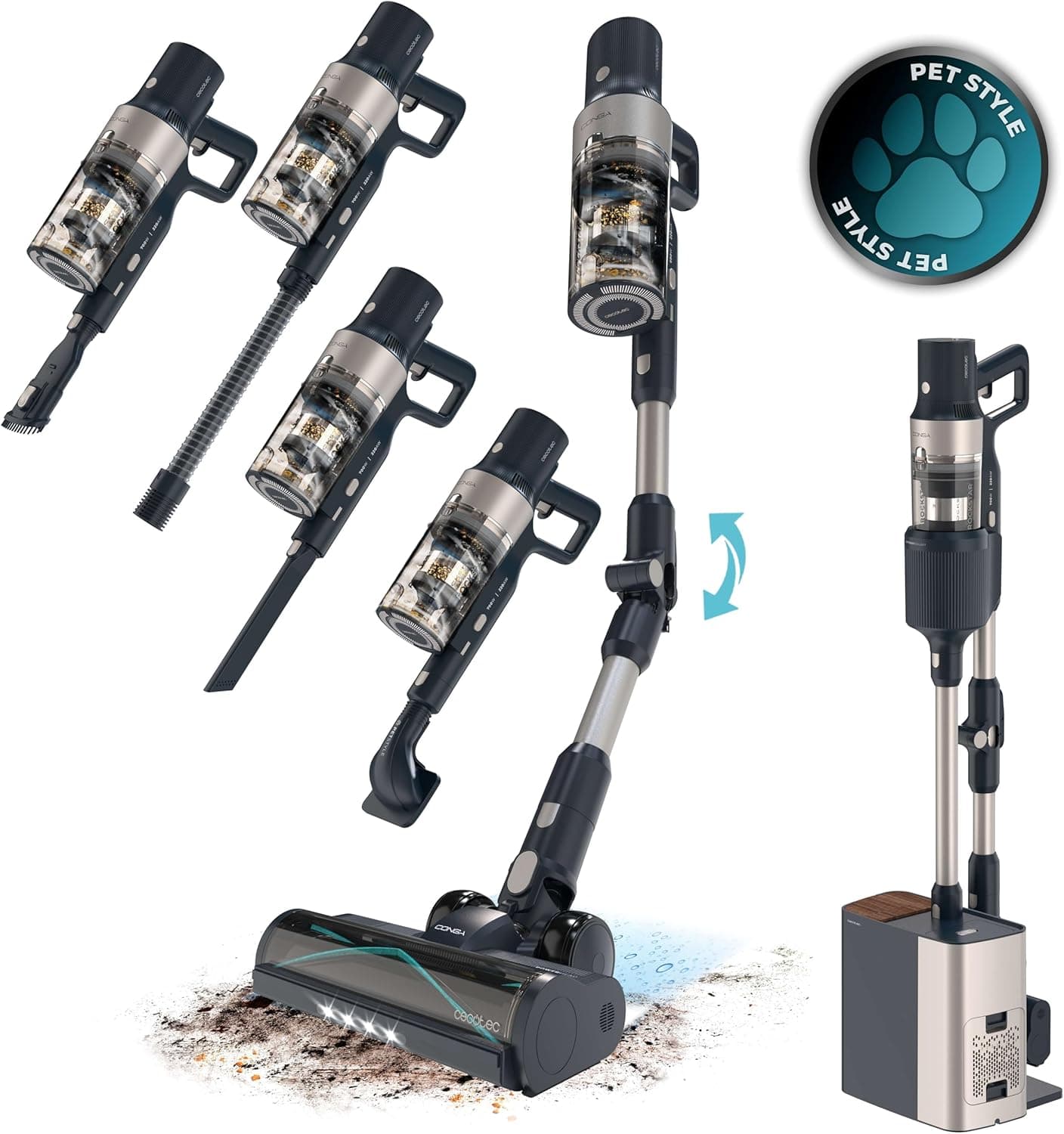 Cecotec Rockstar 5500 Aspirador vassoura sem cabo Hurricane Station Pet Flex, máximo 220AW 700W, base auto-esvaziada, até 90 minutos, automática, escova anti-emaranhamento, tubo flex, ciclo paralelo