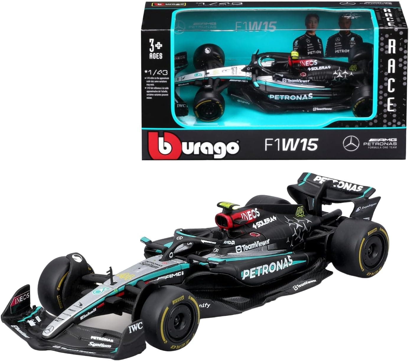 BBURAGO - Mercedes AMG Petronas W15 Lewis Hamilton 2024 - modelo de carro realista em escala 1:43, conduzido por Lewis Hamilton, licença oficial Mercedes, idade recomendada 3 anos