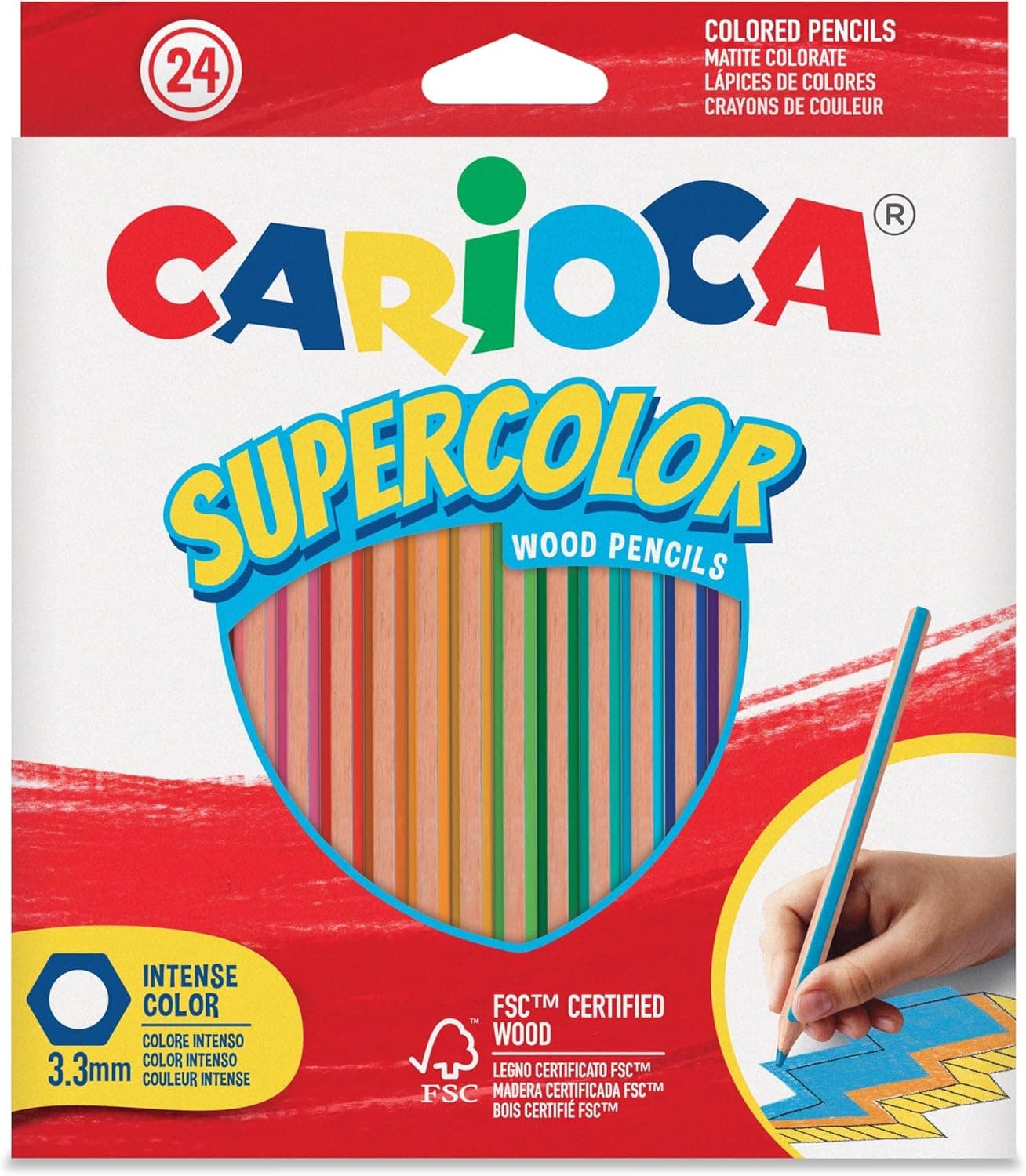 Carioca Lápis de cores supercolor, caixa de 24 lápis de madeira, corpo hexagonal, cores intensas e grande opacidade, ponta Ø 3,3 mm, 24 peças