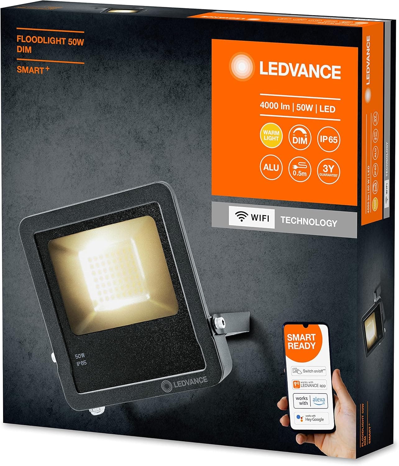 LEDVANCE SMART+ WIFI FLOOD | Projetor LED exterior inteligente 50W regulável com controlo por voz Google e Alexa, luz branca quente