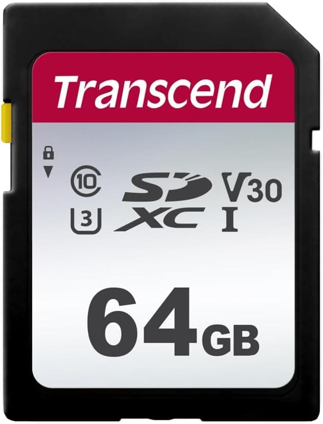 Transcend Highspeed 64GB SDXC Memory Card (para câmeras digitais; fotos e vídeos; auto-rádio) Classe 10, UHS-I U1, Video Speed ​​Class V10 para 4K Ultra HD TS64GSDC300S-E