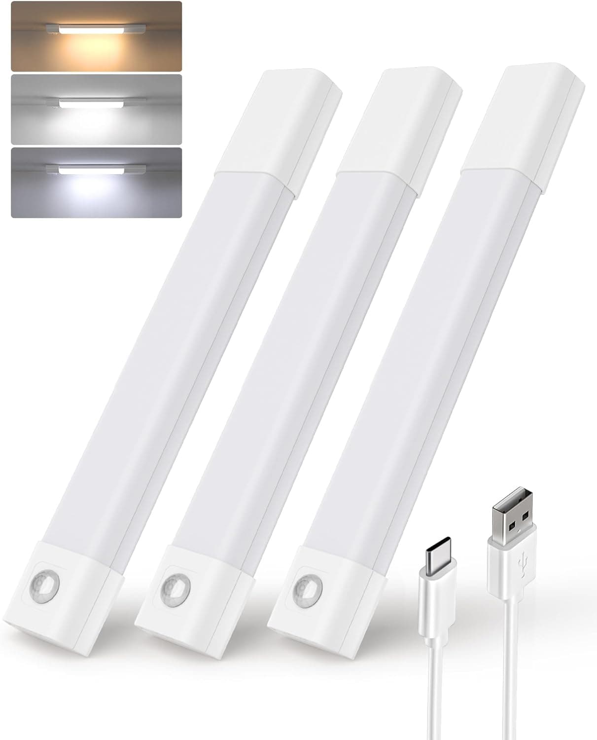 EZVALO 20 cm Luz LED com sensor de movimento, íman luz armário com 3 temperaturas de cor, luzes recarregáveis USB para cozinha, armário, quarto (3 unidades)